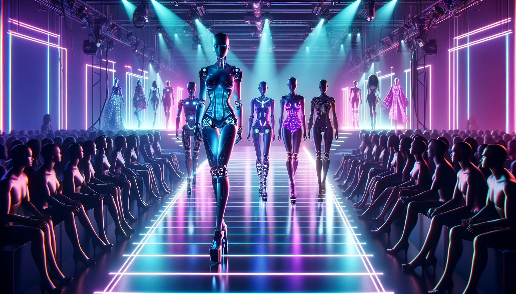 This visual captures the concept of blending advanced technology with fashion, highlighting the theme of personalized beauty and style in a vibrant and futuristic setting.