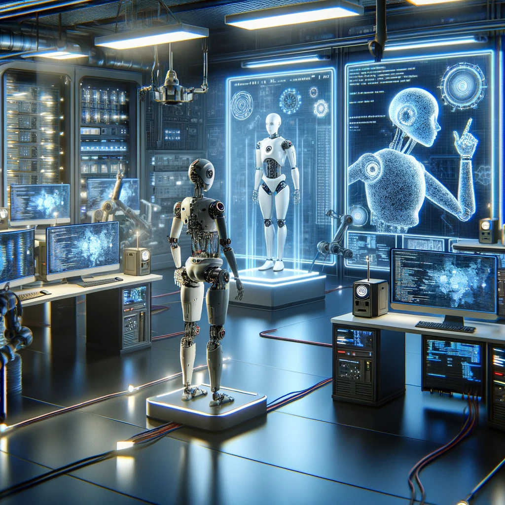 The image captures a futuristic AI lab, focusing on advanced technology and robotics