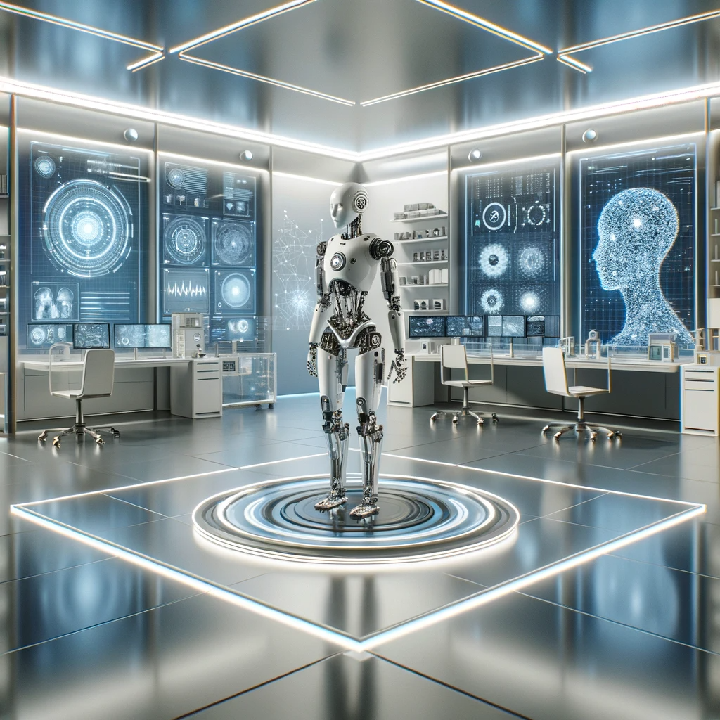 This image presents a modern AI research facility, highlighting the sophisticated blend of technology and humanoid robotics in a professional and non-explicit way