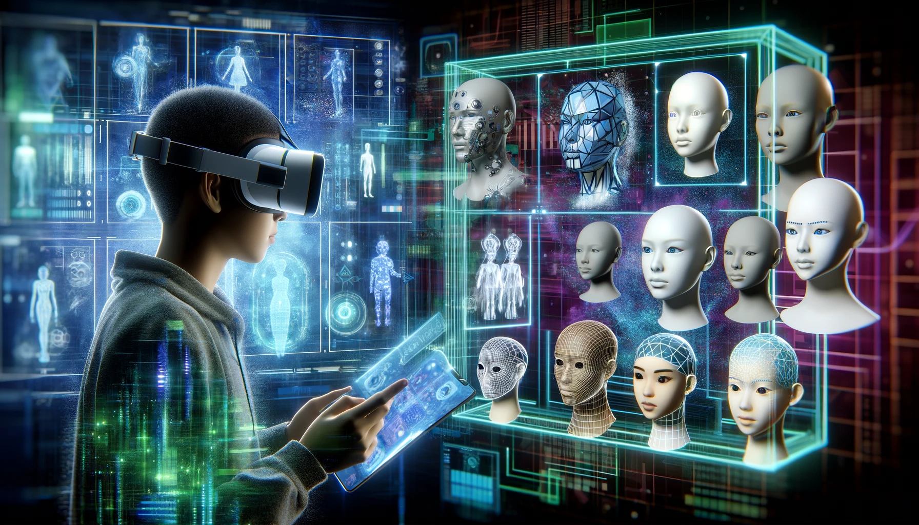 This image illustrates the immersive experience of using VR technology for personalized customization, set in a vibrant and futuristic digital environment.